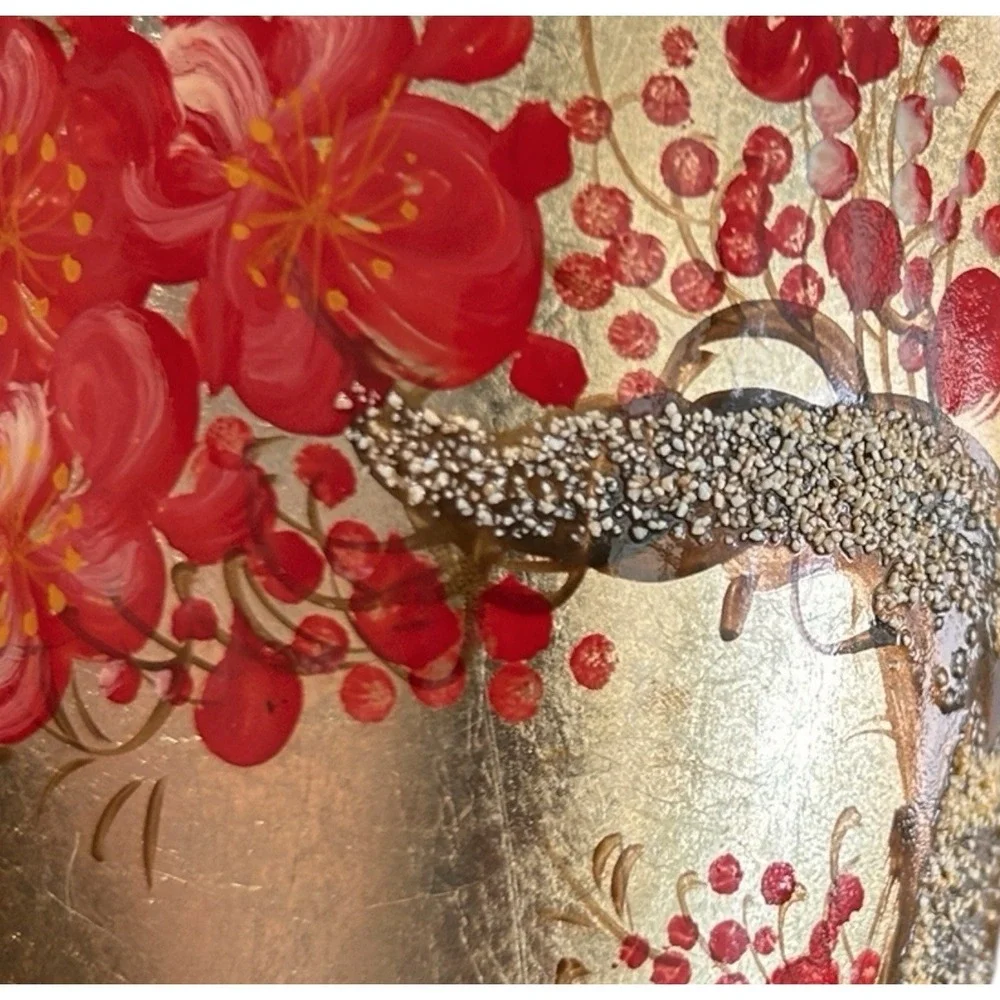 Gold Lacquerware Asian Decor Vase Hand Painted Red Cherry Blossom 12